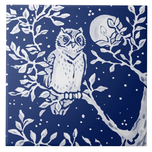Carreau Cobalt Marine Bleu Bois Chouette animal Nuit Lune (Devant)