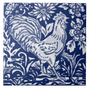 Carreau Cobalt Marine Bleu Cobalt Rooster Poulet Floral