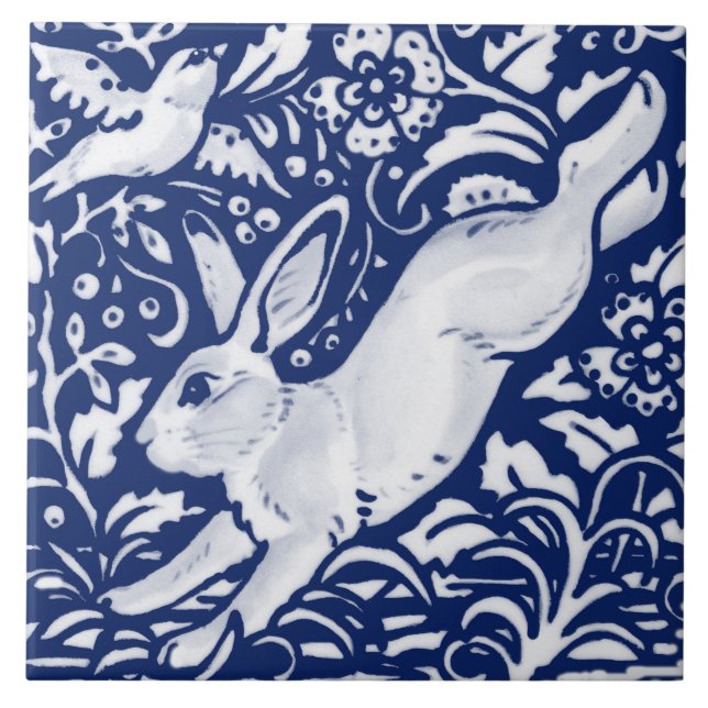Carreau Cobalt Navy Blue Rabbit Bird Dedham Delft Morris  (Devant)