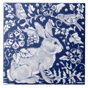 Carreau Cobalt Navy Blue Rabbit Bird Dedham Delft Morris