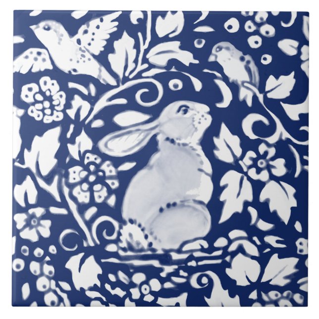 Carreau Cobalt Navy Blue Rabbit Bird Dedham Delft Morris C (Devant)