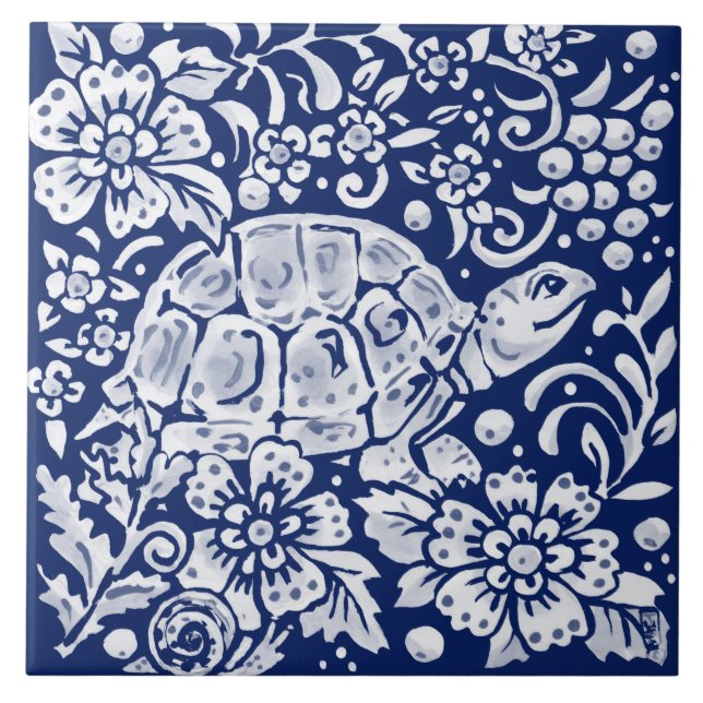 Carreau Cobalt Navy Blue Woodland Turtle Snail Floral  (Devant)