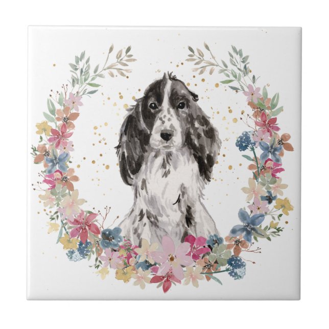 Carreau Cocker Spaniel Spring Flowers Wreath (Devant)
