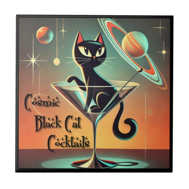 Carreau Cocktails de chat noir cosmique futuriste atomique (Devant)