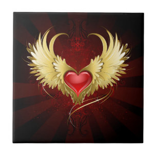 Carreau Coeur rouge avec ailes d'or