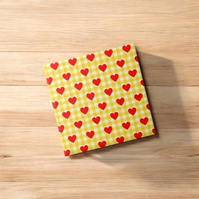 Carreau Coeur rouge Jaune En vichy Saint Valentin (Pink Heart Checkered Pattern Valentine's Day Pillar Candle)