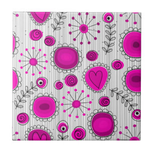 Carreau Coeurs blancs Whimsical rose chaud et fleurs flora