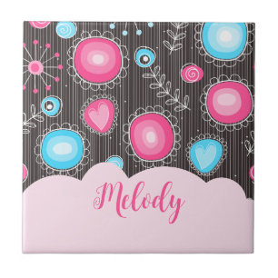 Carreau Coeurs bleu rose blanc et nom floral des fleurs