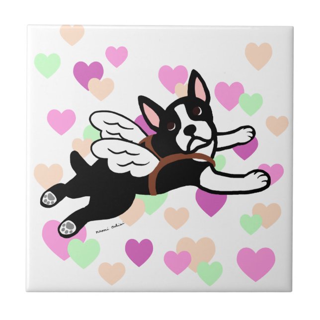 Carreau Coeurs de bande dessinée d'ange de Boston Terrier (Devant)