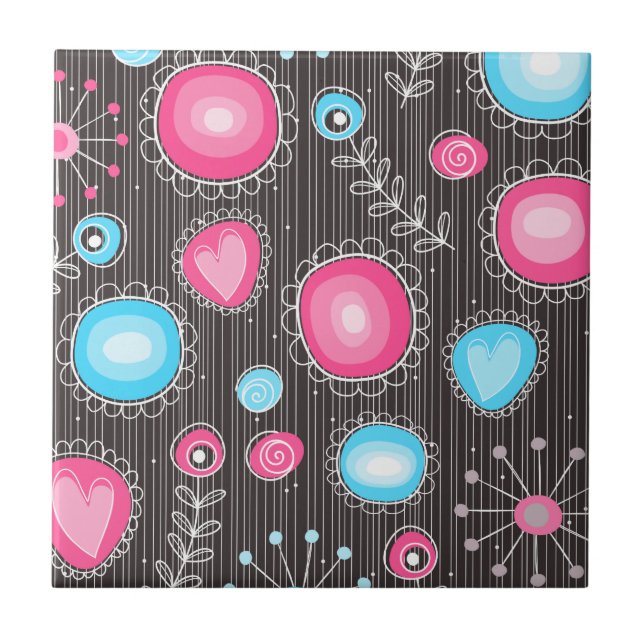 Carreau Coeurs et fleurs rose et bleu Whimsical (Devant)