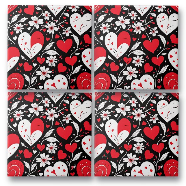Carreau Coeurs et fleurs rouges, noirs et blancs Romantiqu (Créateur téléchargé)