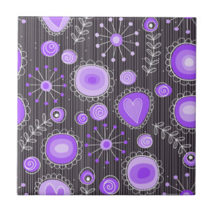Carreau Coeurs gris violet blanc et fleurs florales