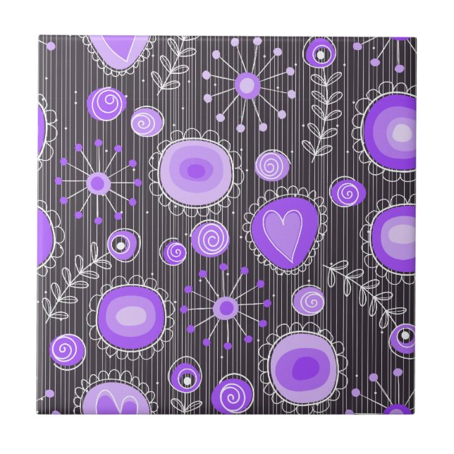 Carreau Coeurs gris violet blanc et fleurs florales (Devant)