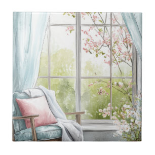Carreau Coin de lecture aquarelle cosy fenêtre jardin prin
