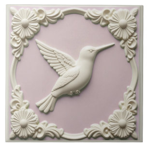 Carreau Colibri Art nouveau en faux relief rose pastel