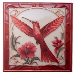 Carreau Colibri Art Nouveau en relief faux rouge et crème