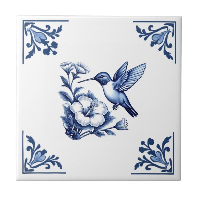 Carreau Colibri Delft Bleu Blanc Floral Corners Oiseau (Devant)