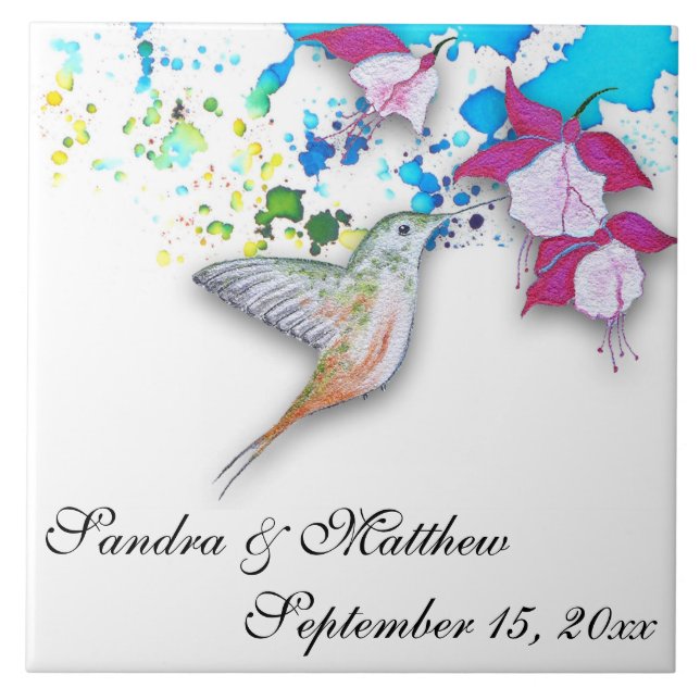 Carreau Colibri et Fuchsia Mariage Trivet/Dessous de verre (Devant)