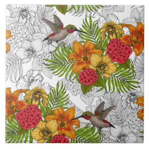 Carreau Colibris et bouquet tropical