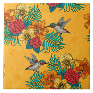 Carreau Colibris et bouquet tropical en jaune