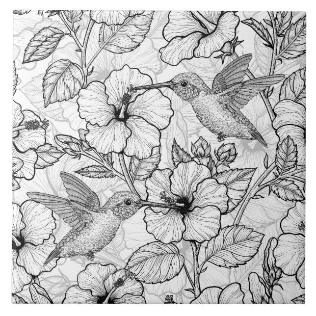 Carreau Colibris et fleurs d'hibiscus b&w (Devant)
