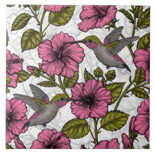 Carreau Colibris et fleurs d'hibiscus roses