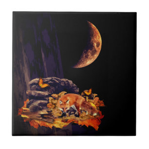 Carreau Collage faunique avec renard, hérisson et lune d'a