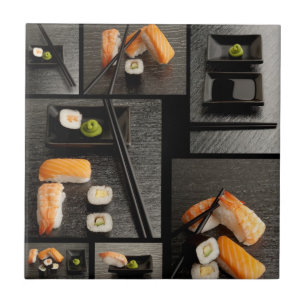 Carreau Collection de sushi sur l'arrière - plan noir