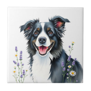 Carreau Collie de bordure d'eau avec lavande et marguerite