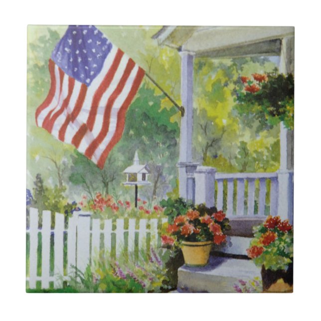Carreau Colonial Country Home American Flag Front Porch (Devant)