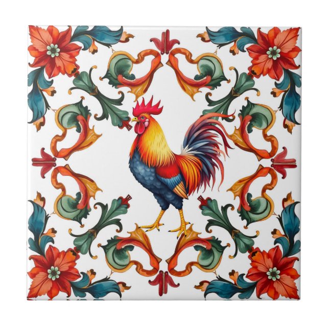 Carreau Coloré, Méditerranéen, mosaïque, coq, oiseau, (Devant)