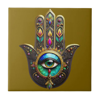 Carreau Colorful Brown Gold Hamsa Rainbow Color Third Eye