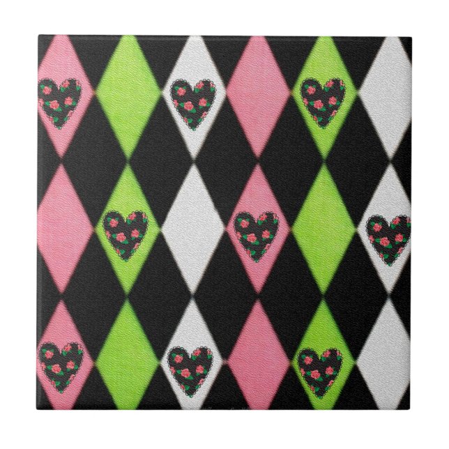 Carreau Colorful harlequin Print with Rose Hearts (Devant)
