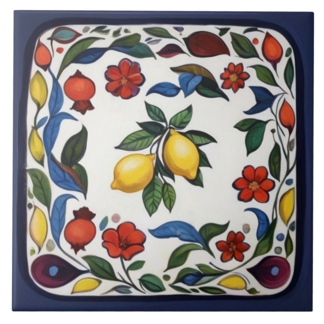 Carreau Colorful Lemons Traditional Folk Floral (Devant)