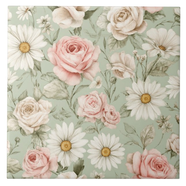 Carreau Conception aquarelle de roses et pâquerettes flora (Devant)