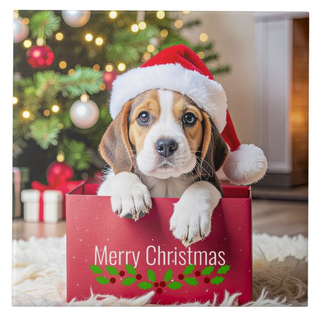 Carreau Conception de Noël de chiot Beagle, (Devant)