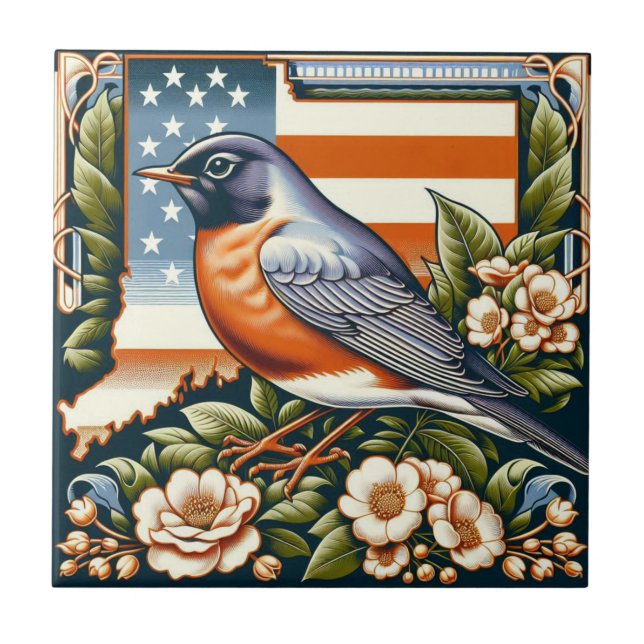 Carreau Connecticut American Robin et State Flower Blue (Devant)
