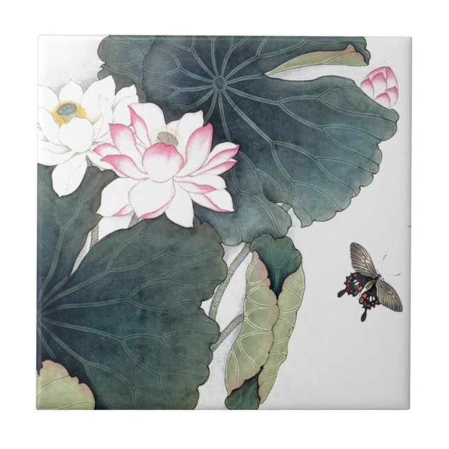 Carreau Cool asiatique d'art de papillon de fleur de rose (Devant)