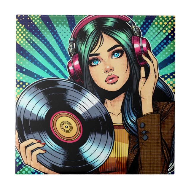 Carreau Cool Pop Art Comic Style Girl avec Album de Vinyl (Devant)