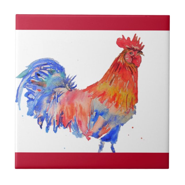 Carreau Coq Aquarelle Rouge Jaune Bleu Poulet (Devant)