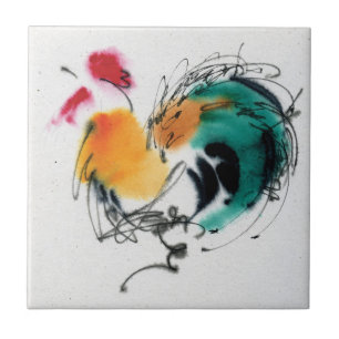 Carreau Coq coloré. Calligraphie et watercolor.