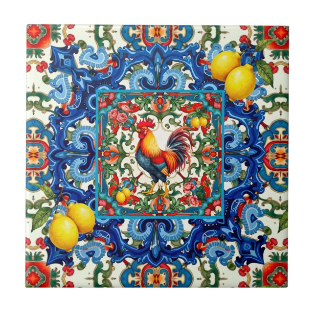 Carreau Coq coloré, Méditerranée, mosaïque, citron, (Devant)