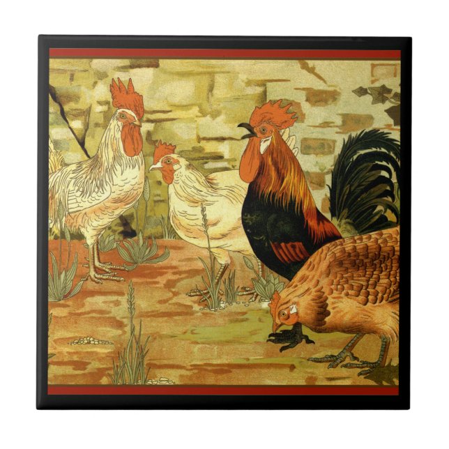 Carreau Coqs de poulets dans la ferme (Devant)