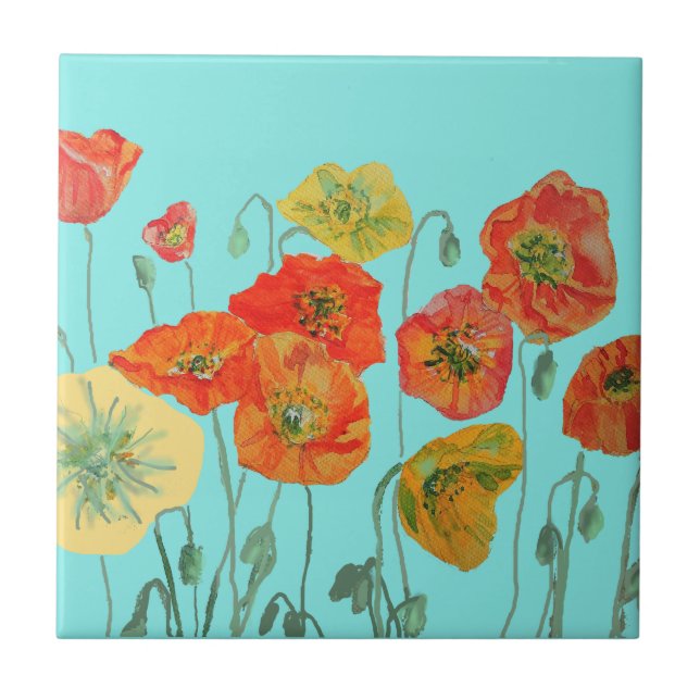 Carreau Coquelicot Rouge Orange Motif de Fleur Aquarelle (Devant)