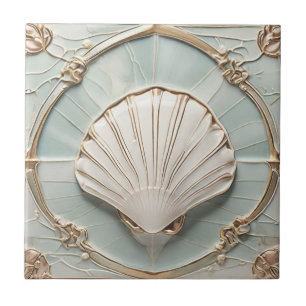 Carreau Coquillage Art Nouveau Faux Relief Mint Bleu & Or