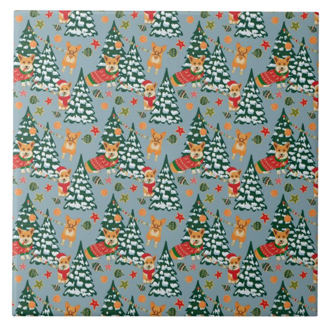 Carreau Corgis décorent l'arbre de Noël en forêt (Devant)