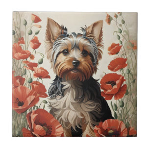 Carreau Corte Yorkshire Terrier Botanique Poppies rouges