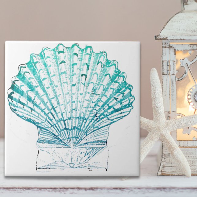 Carreau coteau turquoise couleur bleu mermaid (coastal chic teal blue watercolor mermaid seashell ceramic tile)