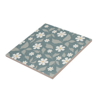 Carreau Cottagecore sarcelle, sauge et marguerite florale
