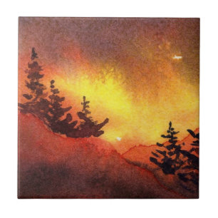Carreau Coucher de soleil art original Pine Tree Tile